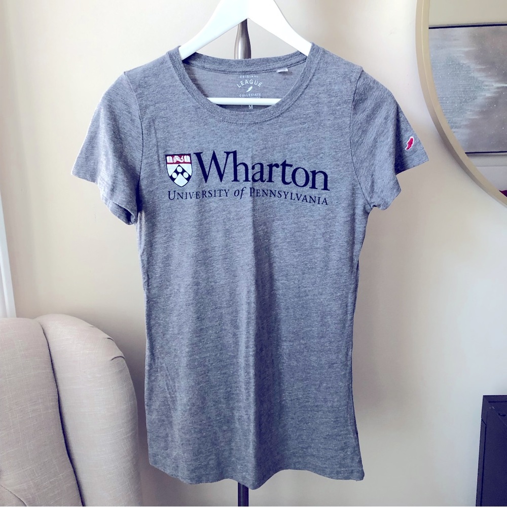 League Medium Wharton Logo Crew Neck T-shirt Top Heather Grey Long Pennsylvania